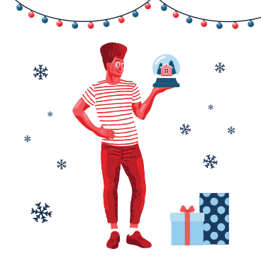 A man looking at a snow globe gift PNG, SVG