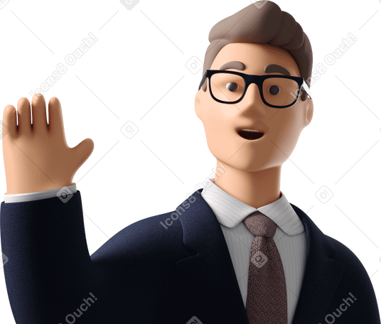 3D close up of businessman in dark blue suit waving goodbye Illustration in PNG, SVG