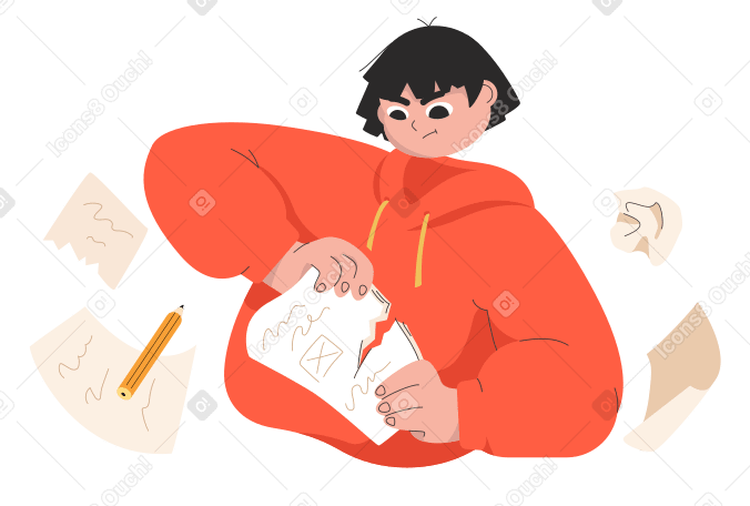 Angry short-haired girl in red hoodie tears paper PNG, SVG