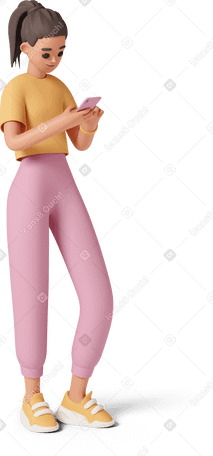 3D young woman looking at phone screen PNG, SVG