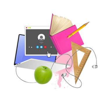 Laptop, stationery, snack and earphones for online education PNG, SVG