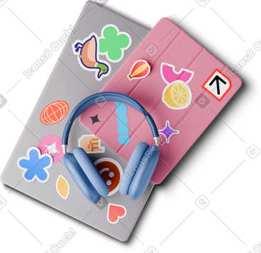 Headphones lying on tablet and laptop with stickers PNG, SVG