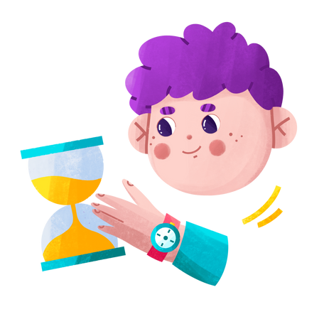 Young boy is waiting for the sand in the hourglass to fill up Illustration in PNG, SVG