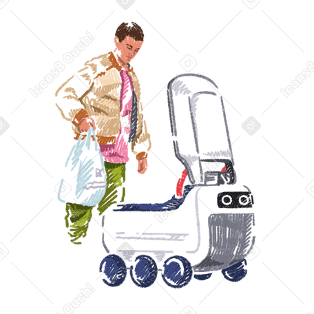 Молодой человек получает доставку роботом-доставщиком в PNG, SVG