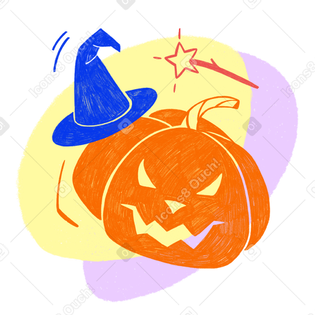 Evil-looking pumpkin with witch hat and magic wand for halloween PNG, SVG