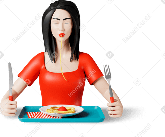 3D woman eating spaghetti PNG, SVG