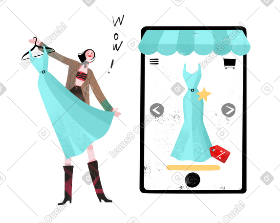 一名女子正在网上商店试穿衣服 PNG, SVG