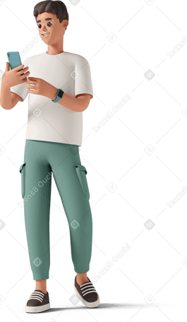 3D young man holding blue smartphone Illustration in PNG, SVG