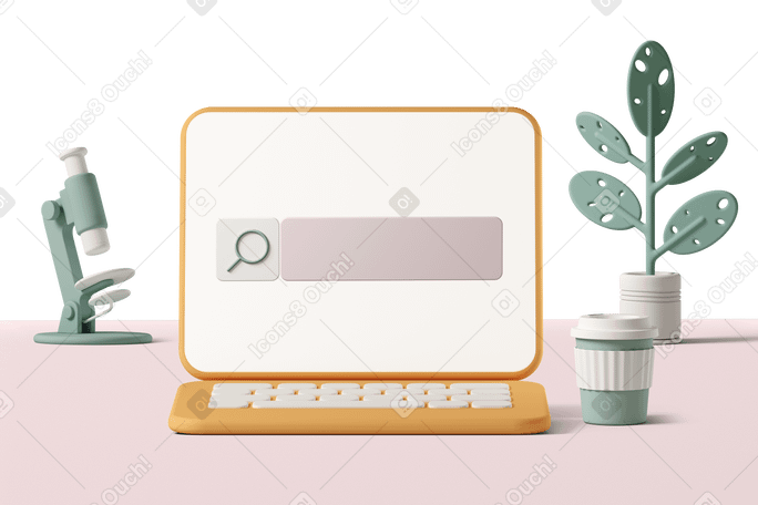 3D laptop screen showing search bar next to coffee cup, microscope and pot plant in the back  Illustration in PNG, SVG