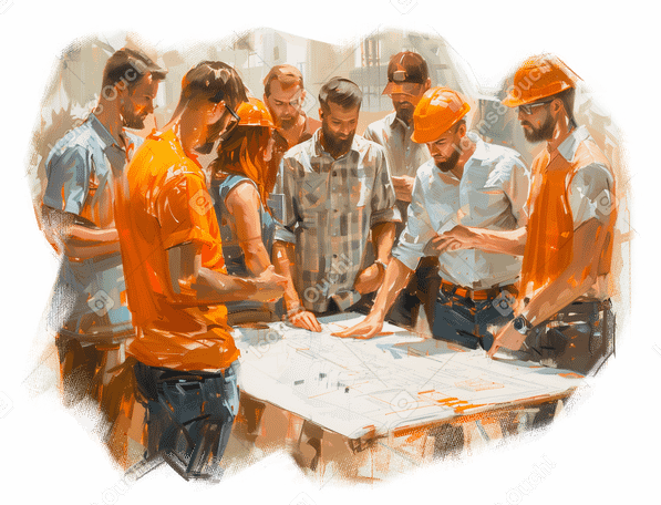 Pintura al óleo de un grupo de ingenieros discutiendo un proyecto PNG, SVG
