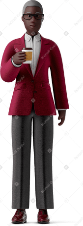 3D old businesswoman in glasses standing with paper coffee mug Illustration in PNG, SVG