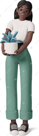 3D black girl smiling and holding plant in white pot Illustration in PNG, SVG