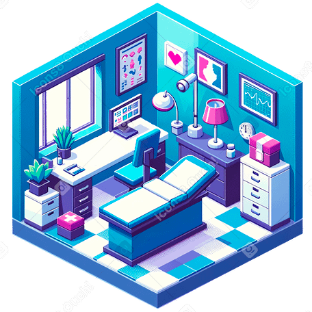 Isometric pixel doctor's office with exam table PNG, SVG