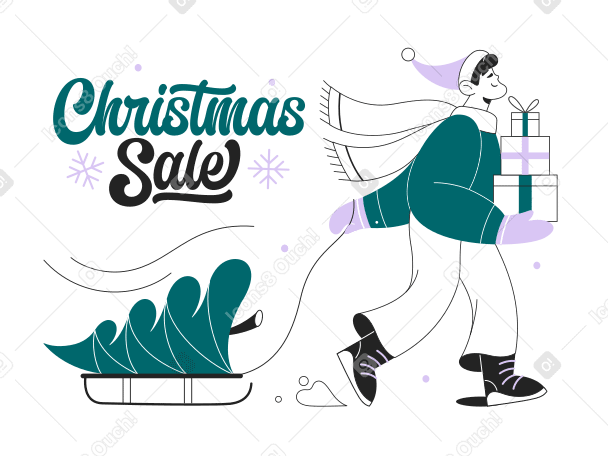 Анимированная иллюстрация Надпись "рождественская распродажа" с мужчиной, несущим елку в GIF, Lottie (JSON), AE