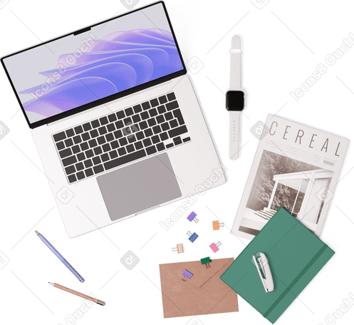 3D top view of laptop, magazine, notebook, envelope, stapler, pen, and pencil PNG, SVG