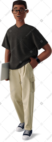 3D young man standing with laptop PNG, SVG