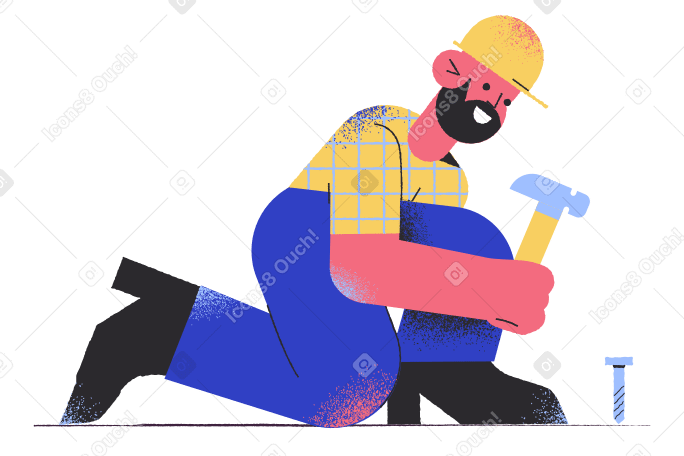 Carpenter in hard hat hammering nail PNG, SVG