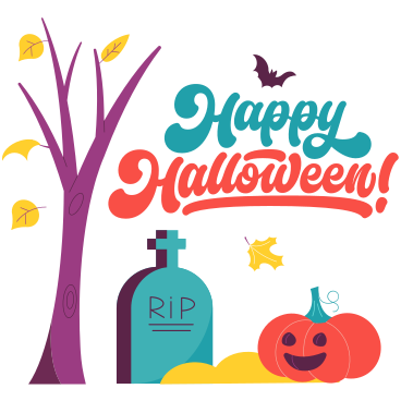 Lettering Happy Halloween! with pumpkin and autumn tree text PNG, SVG