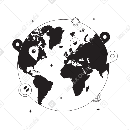 Earth globe with many geolocation icons PNG, SVG