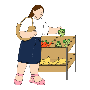 시장에서 과일을 사는 젊은 여자 PNG, SVG