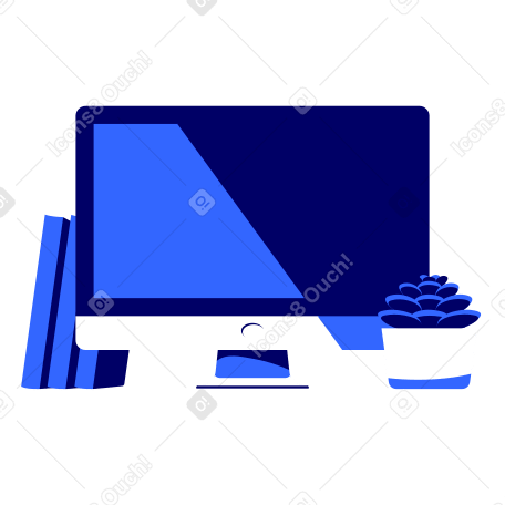 Mac computer monitor, three books and small office plant in white vase Illustration in PNG, SVG
