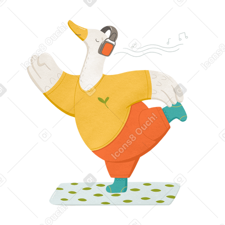 Goose listening to music while standing on one leg, closing his eyes, and doing gymnastics PNG, SVG