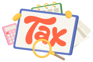 Lettering Tax with calculator, calendar and magnifying glass text PNG, SVG