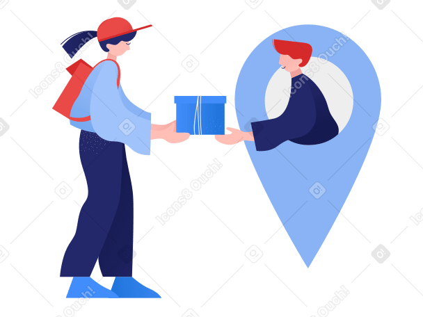 Illustration Livreuse donnant une boîte à un homme en géolocalisation aux formats PNG, SVG