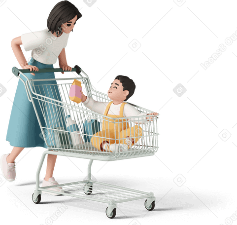 3D woman with baby in supermarket cart PNG, SVG