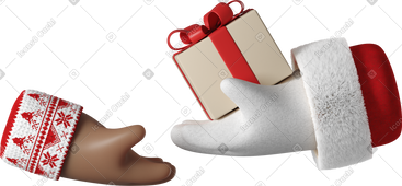 Santa Claus giving a gift box to dark brown skin hand PNG, SVG