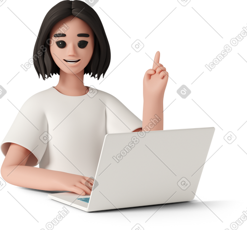 3D young woman with laptop pointing up PNG, SVG