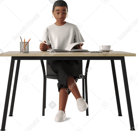 3D young woman working with a book at her desk PNG、SVG