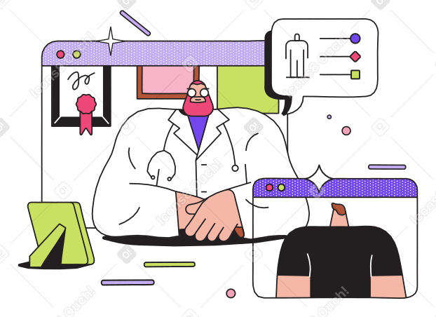 The patient communicates with the doctor via video PNG, SVG