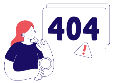 Donna triste con la lente d'ingrandimento che guarda la finestra del browser con i numeri 404, errore PNG, SVG