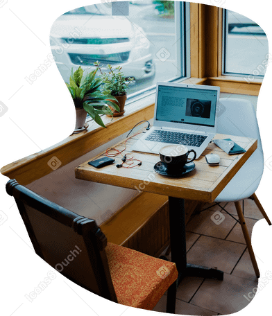 Café de fond avec table et ordinateur portable PNG, SVG