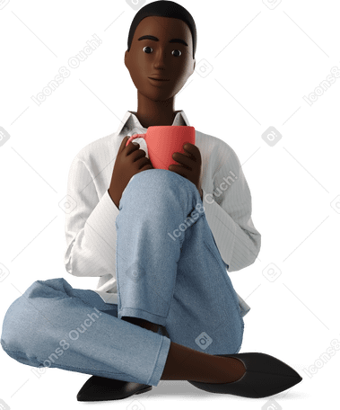 3D young black woman sitting on the floor and drinking coffee Illustration in PNG, SVG