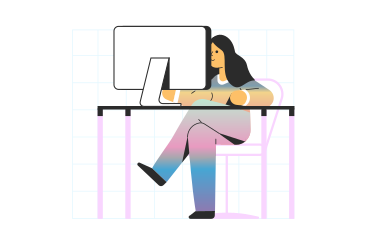 Женщина сидит за столом и работает за компьютером в PNG, SVG