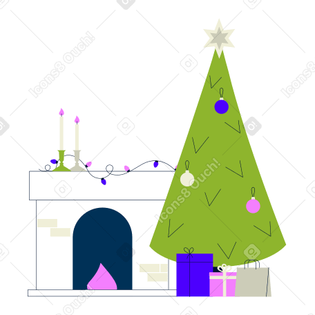 Рождественский камин и елка в PNG, SVG