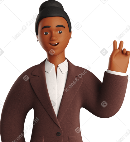 3D black businesswoman in brown suit with peace sign hand PNG, SVG