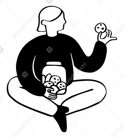 Woman sitting with cookie jar and holding cookie in hand PNG, SVG