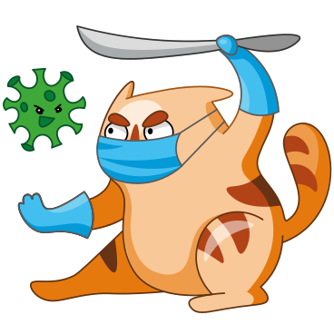 Cat in face mask and gloves fighting a coronavirus cell with knife PNG, SVG