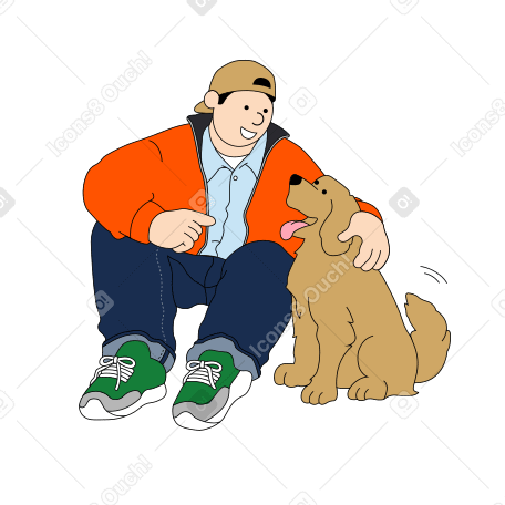Молодой человек сидит и обнимает собаку в PNG, SVG