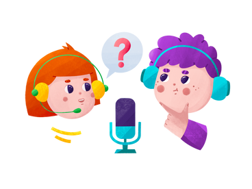 Young girl and boy recording a podcast PNG, SVG