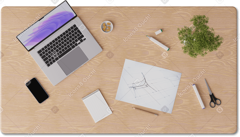 3D top view of desk with laptop, notepad and sketch PNG, SVG