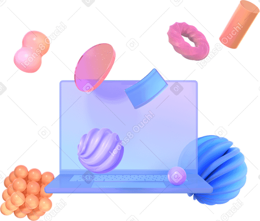 3D laptop with levitating vibrant abstract shapes PNG, SVG
