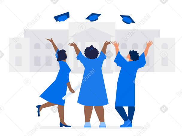 College graduates in robes toss up graduate caps against the background of the university building PNG, SVG
