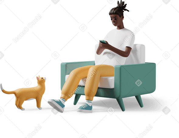3D young man sitting on sofa with cat next to him Illustration in PNG, SVG