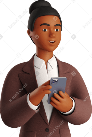 3D black businesswoman in brown suit with phone looking aside PNG, SVG