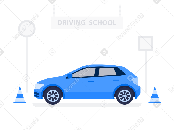 Illustration Voiture de tourisme sur fond de panneaux de signalisation et de cônes de signalisation, panneau d'auto-école en haut aux formats PNG, SVG