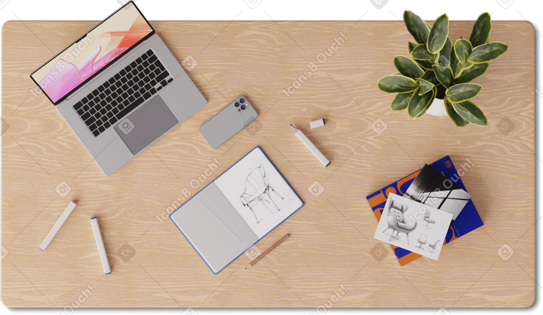 3D top view of desk with laptop, books and sketches PNG, SVG